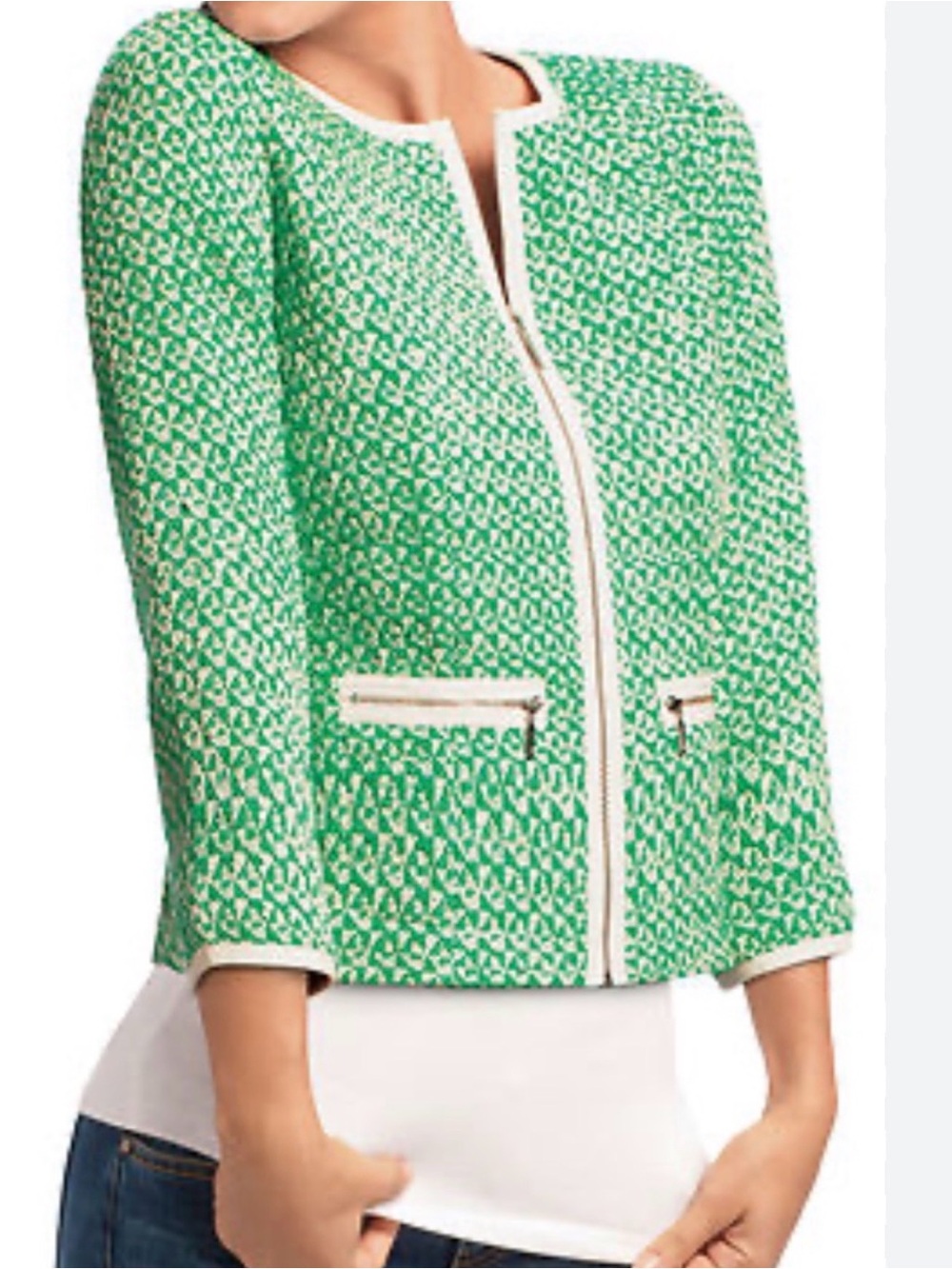 CAbi Green Tweed Zip-Front Cropped Short Jacket with Cream Trim